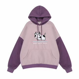 Cow Embroidered Two-tone Hoodie
