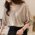 3/4-sleeve Lace Trim Faux Pearl Buttoned Blouse