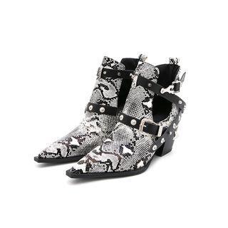Snake Print Pointed Block Heel Short Boots