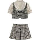 Set: Puff-sleeve Plaid Double-breasted Crop Top + Pleated Mini A-line Skirt