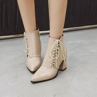 Pointy Patent Lace-up Short Boots