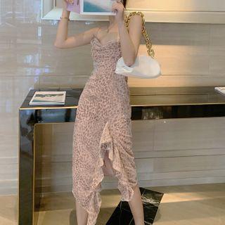 Spaghetti Strap Leopard Print Midi Sheath Dress