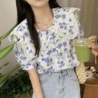 Short-sleeve Floral Blouse Purple & White - One Size