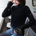 Flower Print Mesh Panel Long-sleeve Buttoned Knit Top