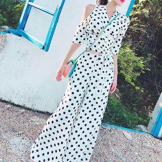 Set: Elbow-sleeve Polka Dot Wrap Top + Wide-leg Pants