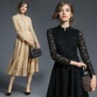 Long-sleeved Crewneck A-line Panel Lace Long Sheath Dress