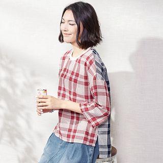 3/4-sleeve Color-block Plaid Top