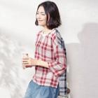 3/4-sleeve Color-block Plaid Top