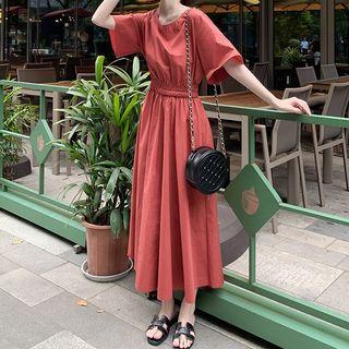 Band-waist Short-sleeve Bow Back Midi A-line Dress