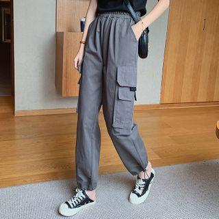 High-waist Double-pocket Plain Cargo Pants