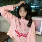 Lettering Print Long-sleeve T-shirt Pink - One Size