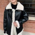 Plain Faux Leather Fleece Long-sleeve Jacket Black - One Size