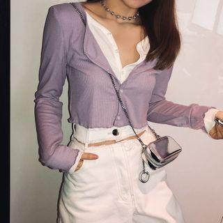 Long-sleeve Mock Two-piece T-shirt Purple & White - One Size