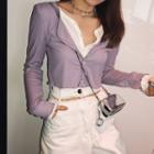 Long-sleeve Mock Two-piece T-shirt Purple & White - One Size