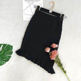 Ruffle Hem Knitted Pencil Skirt Black - One Size