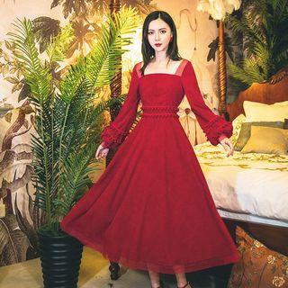Pom Pom Long-sleeve A-line Midi Dress