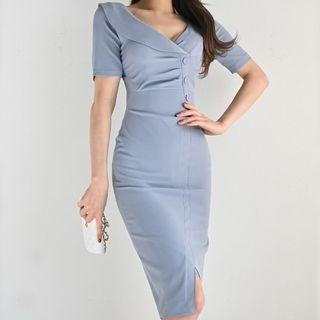 Short-sleeve V-neck Slit Sheath Dress