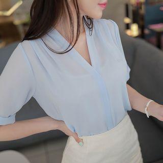 V-neck Roll-up Pleated Blouse