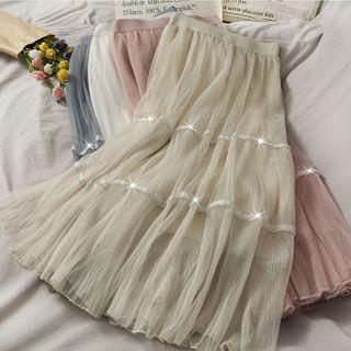 Rhinestone-trim Mesh Midi Skirt