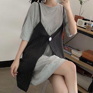 Set: Elbow-sleeve Plain T-shirt + Spaghetti Strap Button-up Mini Dress