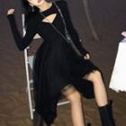 Set: Long-sleeve Crop Top + Spaghetti-strap A-line Dress