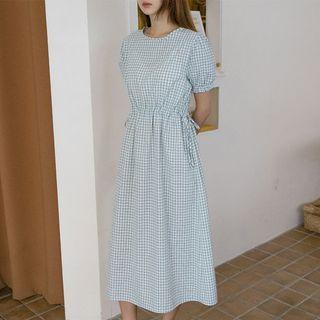 Puff-sleeve Tie-side Long Gingham Dress