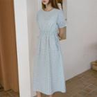 Puff-sleeve Tie-side Long Gingham Dress