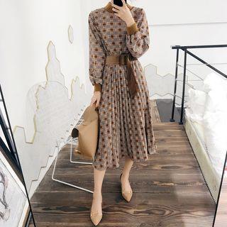 Mock Neck Patterned Midi Dress With Belt