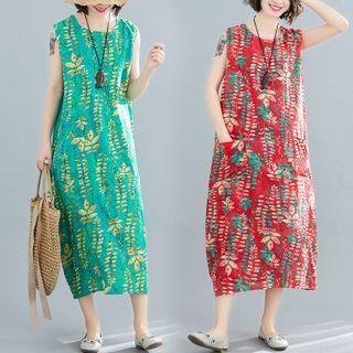 Sleeveless Leaf Print Midi Shift Dress