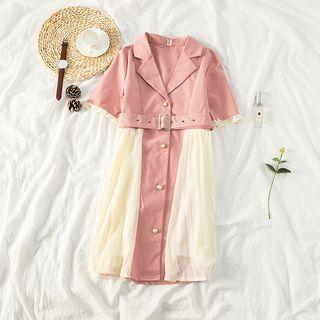 Lapel Collar Single-breasted Beaded Panel Midi Dress