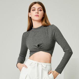 Long-sleeve Plain Mock-neck Crop Top