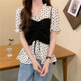 Mock Two-piece Plain Panel Drawstring Crop Top
