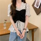 Mock Two-piece Plain Panel Drawstring Crop Top