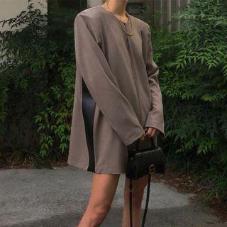 Faux Leather Panel Padded-shoulder Long-sleeve A-line Skirt