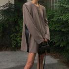 Faux Leather Panel Padded-shoulder Long-sleeve A-line Skirt