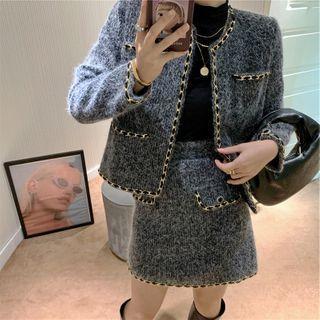 Contrast Trim Tweed Jacket / Mini A-line Skirt
