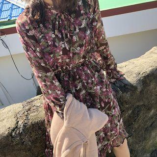 Long-sleeve Floral Print Mini Dress Brown - One Size