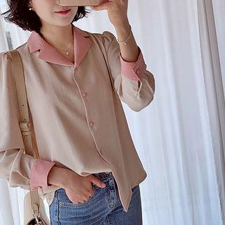 Notched-lapel Color-block Blouse Blue - One Size