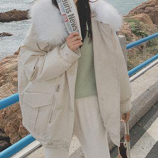 Fluffy Trim Hooded Double-breasted Jacket