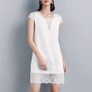 Short-sleeve Lace Paneled A-line Mini Satin Dress