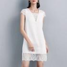Short-sleeve Lace Paneled A-line Mini Satin Dress