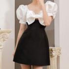 Puff-sleeve Square-neck Bow Panel Dress