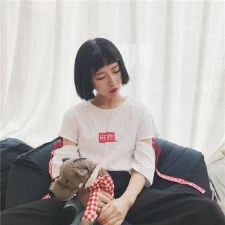 Ribbon Detail Lettering Cut Out Short-sleeve T-shirt