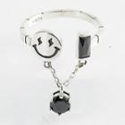 925 Sterling Silver Smiley Stone Open Ring Retro Ring - Black & Silver - One Size