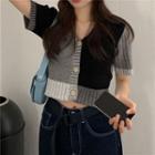 Short-sleeve Color Block Cardigan Black & Gray & Dirty White - One Size