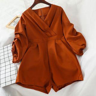 Balloon-sleeve Wrap Wide Leg Playsuit