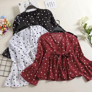 Bell-sleeve Bow-accent Dotted Blouse