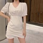 Short-sleeve Cutout Shirred Mini Sheath Dress
