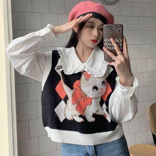 Collared Blouse / Cat Print Sweater Vest