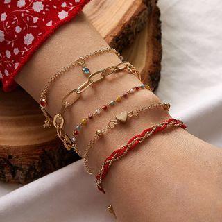 Set Of 5: Bracelet Set Of 5 - 10259 - Red & Gold - One Size